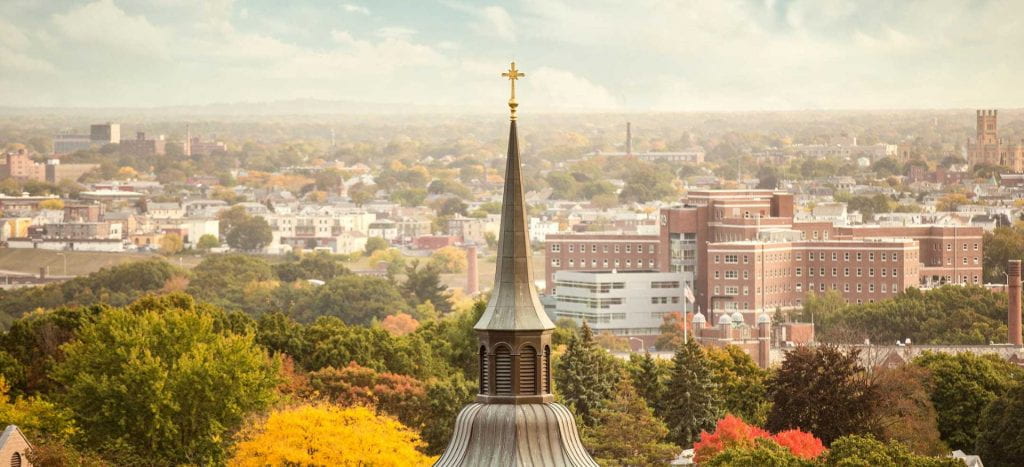 Aerial of campus with steeple